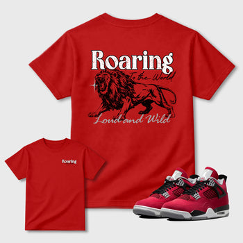 Roaring To the World sneaker match t-shirt styled to complete your sneaker outfitwith the Air Jordan 4 Toro Bravo sneakers, shown in Red.