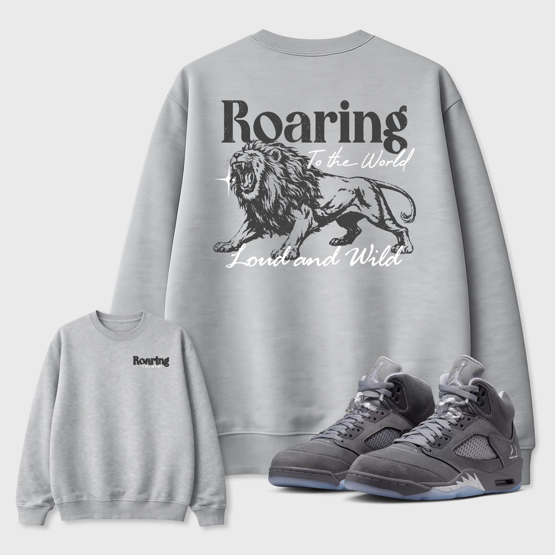 Roaring To the World sneaker match t-shirt styled to complete your fit with the Air Jordan 5 Wolf Grey sneakers, shown in Heather Grey.