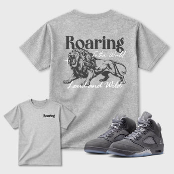 Roaring To the World sneaker match t-shirt styled to complete your fit with the sneakers, shown in Heather Grey.