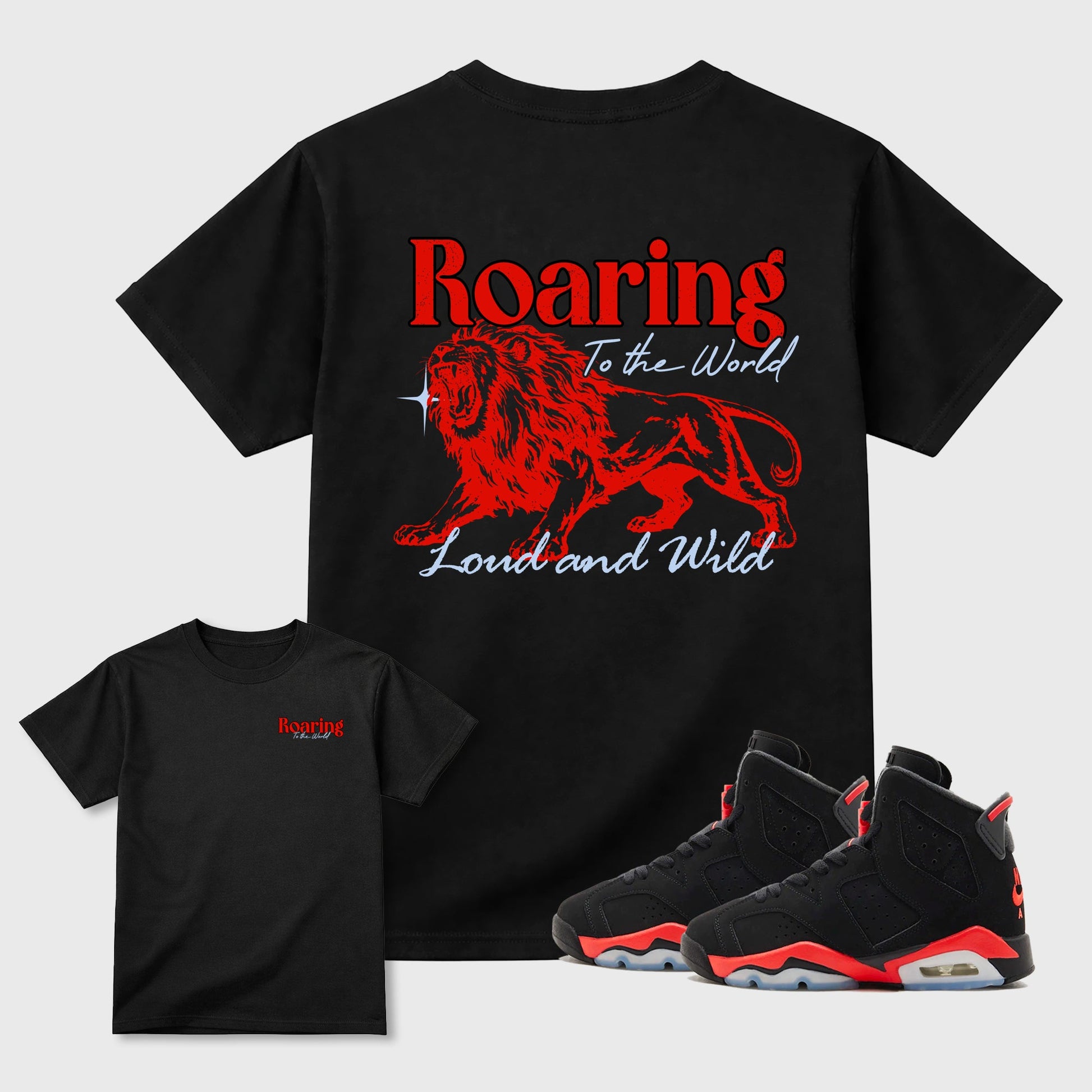 Roaring To the World sneaker match t-shirt styled to complete your fit with the Air Jordan 6 Retro Reverse Infrared sneakers, shown in Black.