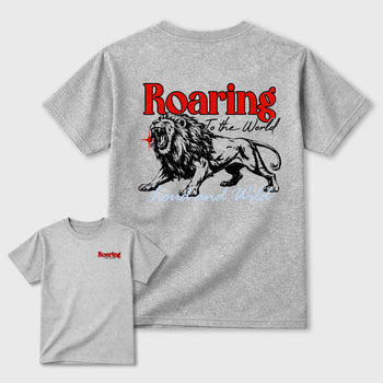 Roaring To the World sneaker match t-shirt styled to complete your fit with the Air Jordan 6 Retro Reverse Infrared sneakers, shown in Heather Grey.