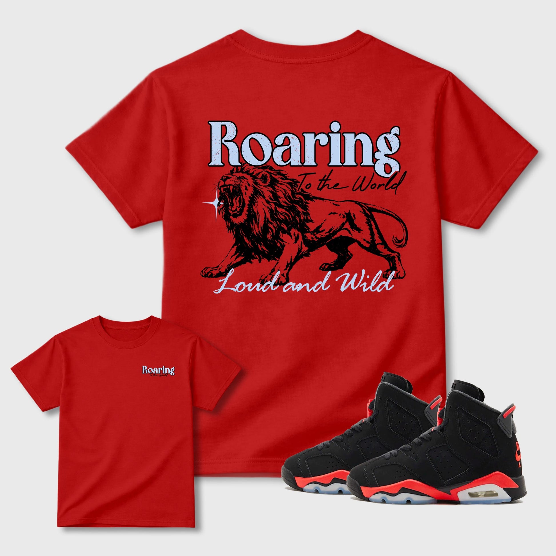Roaring To the World sneaker match t-shirt styled to complete your fit with the Air Jordan 6 Retro Reverse Infrared sneakers, shown in Red.