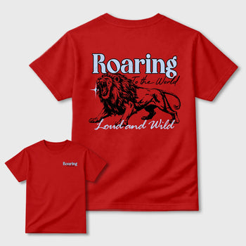 Roaring To the World sneaker match t-shirt styled to complete your fit with the Air Jordan 6 Retro Reverse Infrared sneakers, shown in Red.