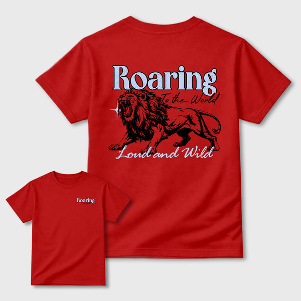Roaring To the World sneaker match t-shirt styled to complete your fit with the Air Jordan 6 Retro Reverse Infrared sneakers, shown in Red.