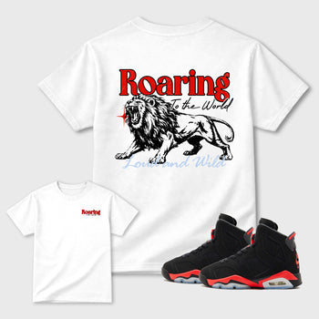 Roaring To the World sneaker match t-shirt styled to complete your fit with the Air Jordan 6 Retro Reverse Infrared sneakers, shown in White.