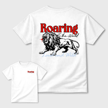 Roaring To the World sneaker match t-shirt styled to complete your fit with the Air Jordan 6 Retro Reverse Infrared sneakers, shown in White.