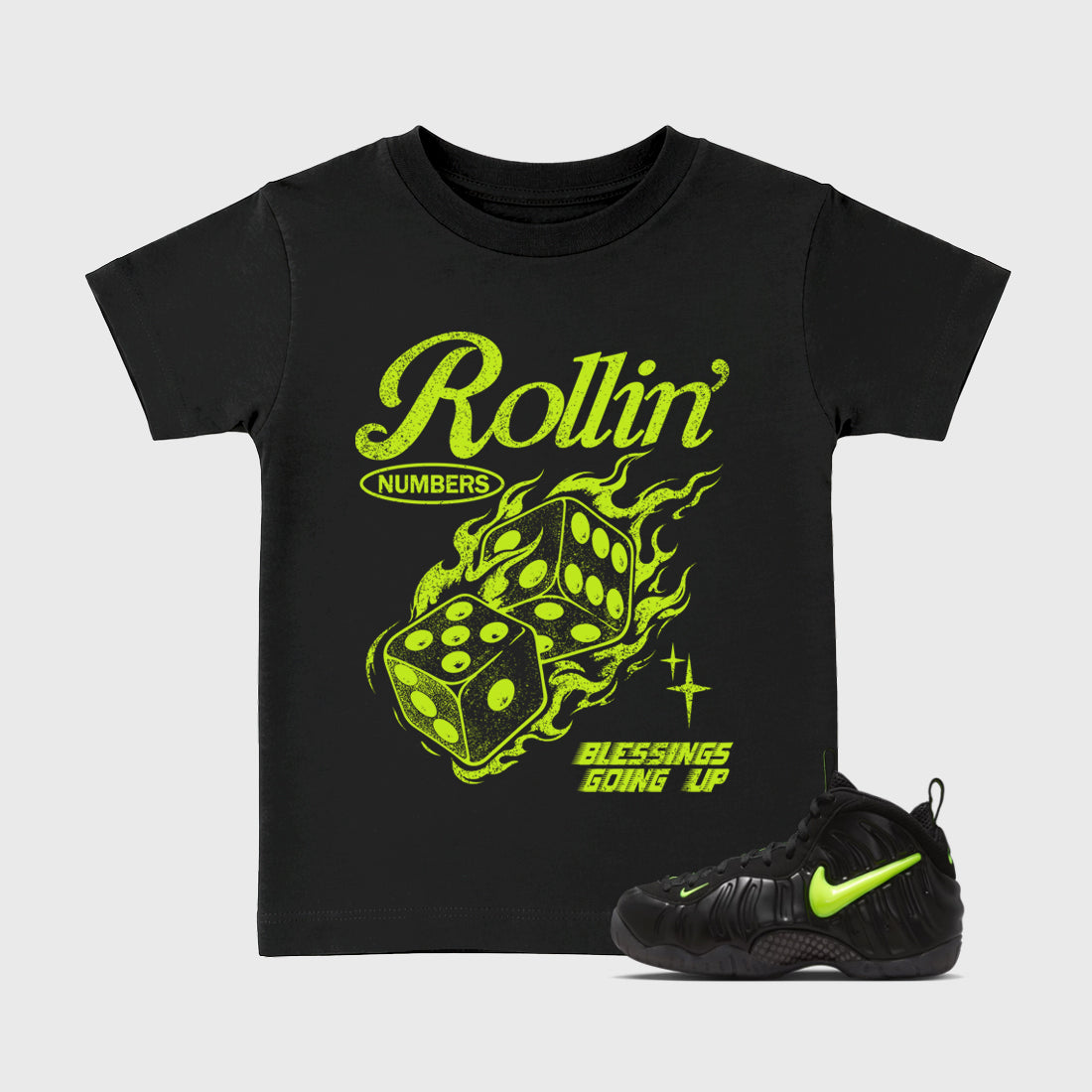 Sneaker match tees – Sneaker Tees To Match Air Foamposite Pro Black Shoes – Rollin Numbers Kids T-Shirt Black 1