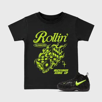 Sneaker match tees – Sneaker Tees To Match Air Foamposite Pro Black Shoes – Rollin Numbers Kids T-Shirt Black 1