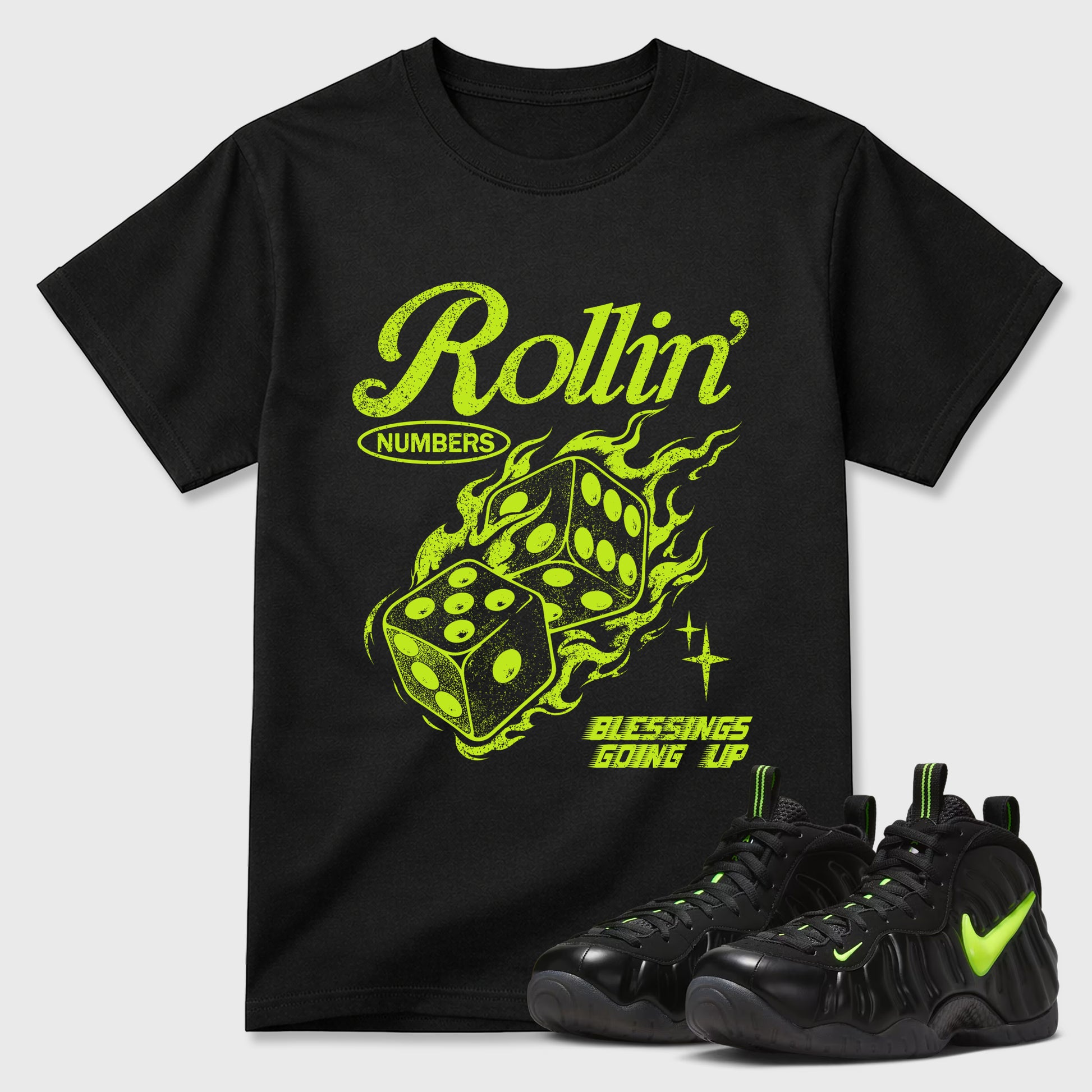 Sneaker match tees – Sneaker Tees To Match Air Foamposite Pro Black Shoes – Rollin Numbers Tee Black 1