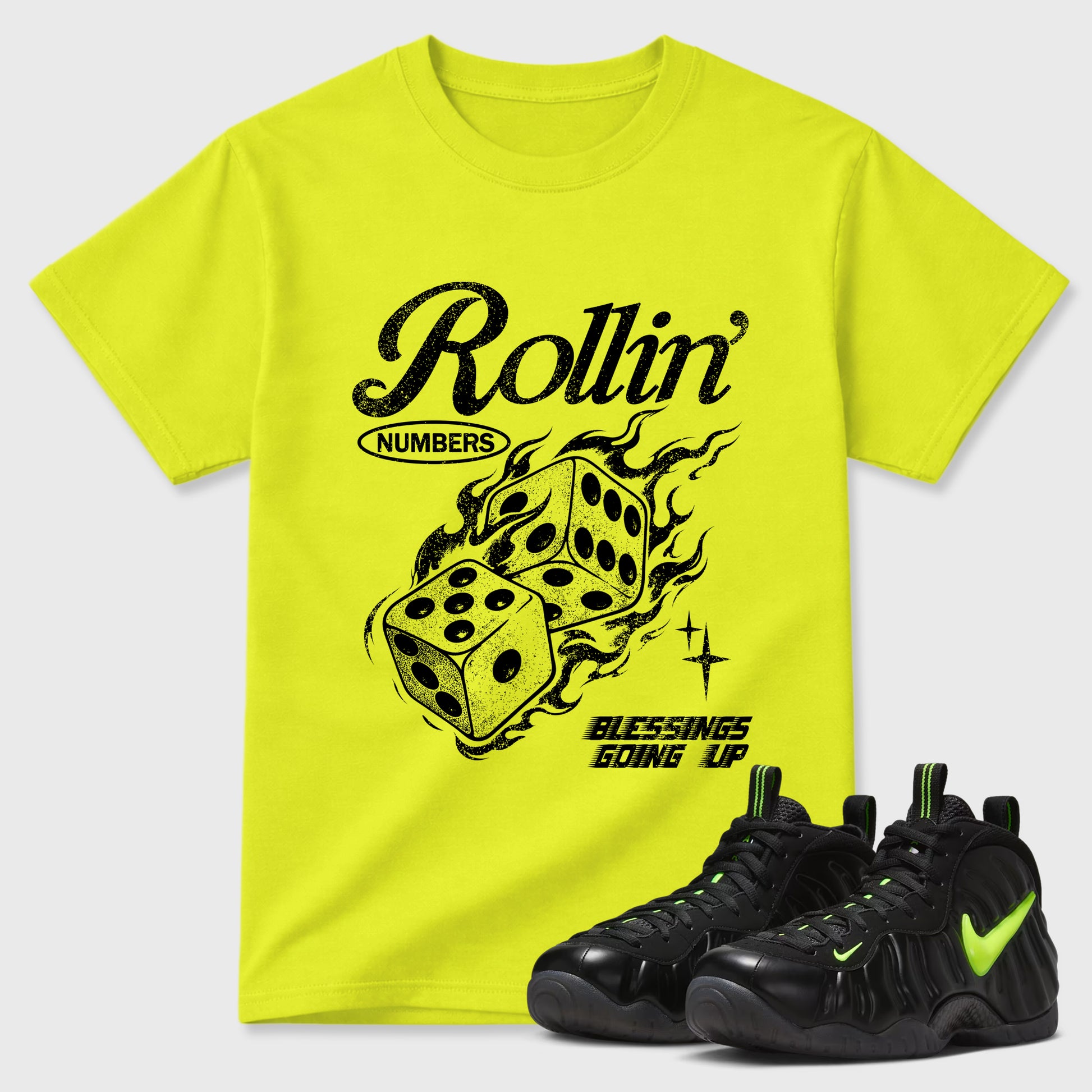 Sneaker match tees – Sneaker Tees To Match Air Foamposite Pro Black Shoes – Rollin Numbers Tee Safety Green 1