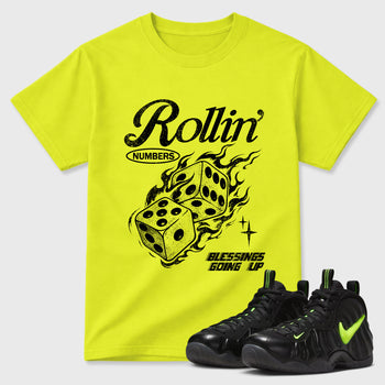 Sneaker match tees – Sneaker Tees To Match Air Foamposite Pro Black Shoes – Rollin Numbers Tee Safety Green 1