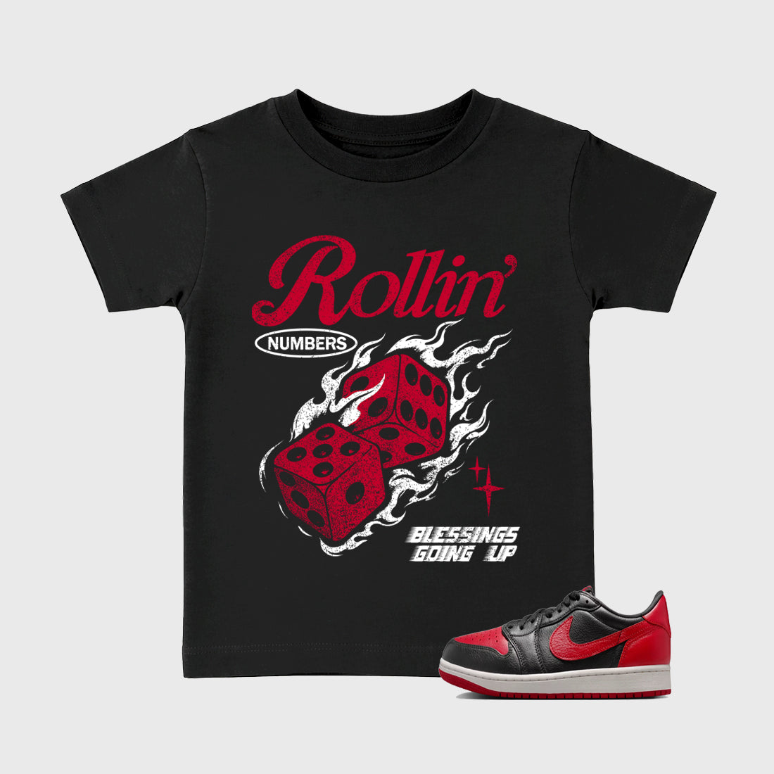 Sneaker match tees – Sneaker Tees To Match Air Jordan 1 Banned Shoes – Rollin Numbers Kids T-Shirt Black 1