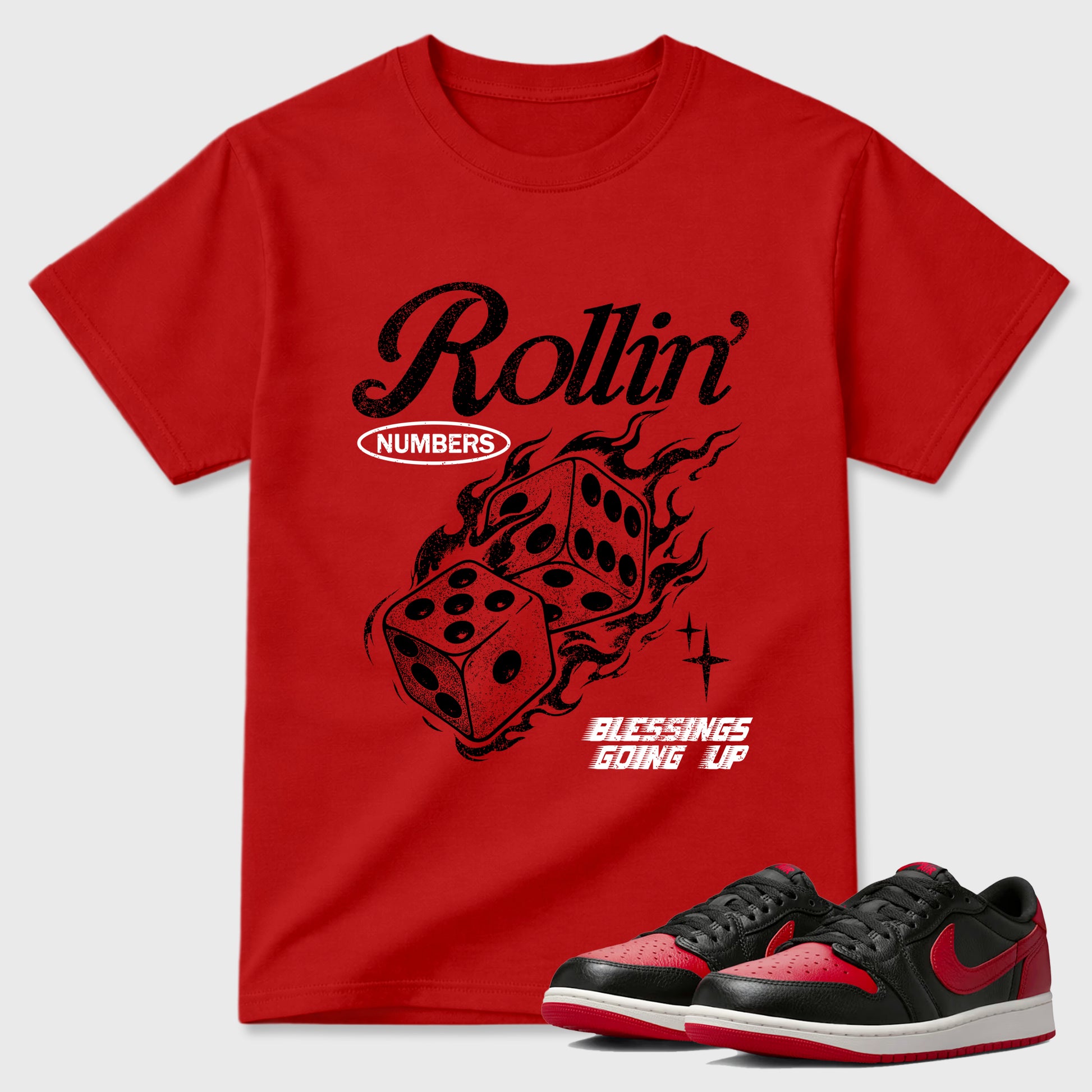 Sneaker match tees – Sneaker Tees To Match Air Jordan 1 Banned Shoes – Rollin Numbers Tee Red 1
