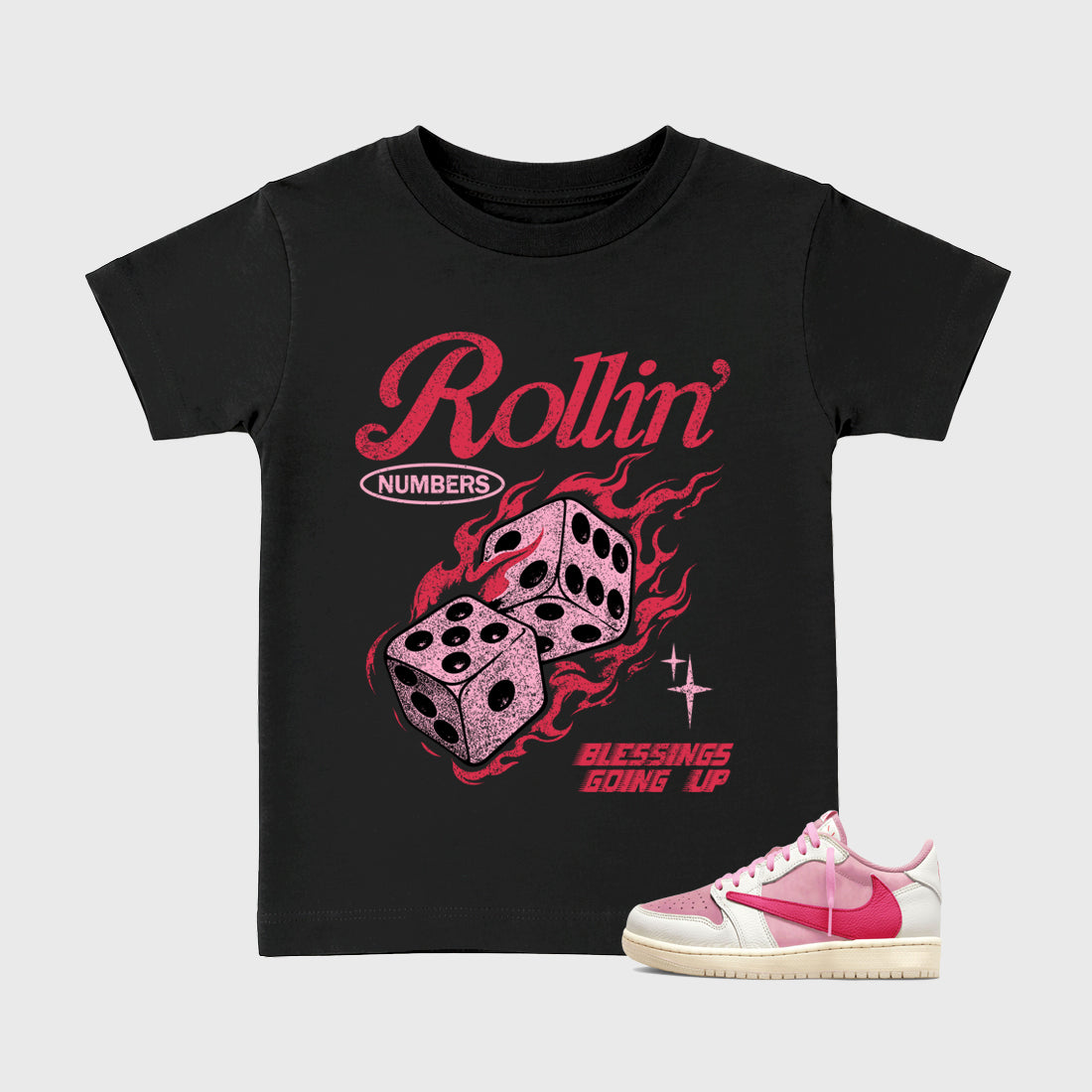 Perfect Sneakerhead Fashion Outfits – Sneaker Tees To Match Air Jordan 1 Low OG x Travis Scott Tropical Pink Shoes – Rollin numbers Kids Graphic T-Shirt Black 1