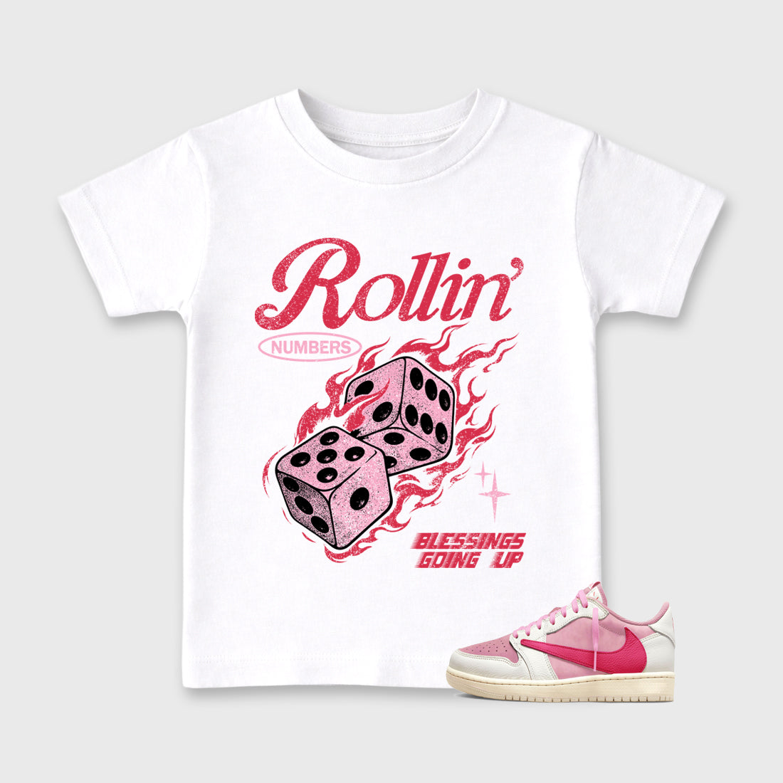 Perfect Sneakerhead Fashion Outfits – Sneaker Tees To Match Air Jordan 1 Low OG x Travis Scott Tropical Pink Shoes – Rollin numbers Kids Graphic T-Shirt White 1