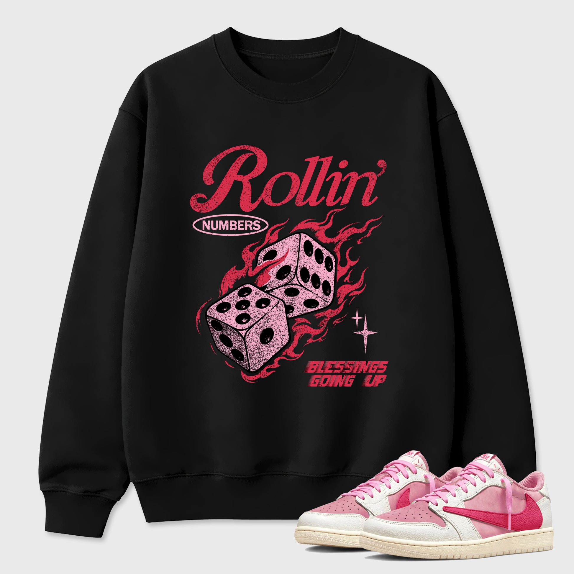 Perfect Sneakerhead Fashion Outfits – Sneaker Tees To Match Air Jordan 1 Low OG x Travis Scott Tropical Pink Shoes – Rollin numbers Graphic Tee Black 1