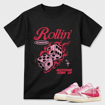 Perfect Sneakerhead Fashion Outfits – Sneaker Tees To Match Air Jordan 1 Low OG x Travis Scott Tropical Pink Shoes – Rollin numbers Graphic Tee Black 1