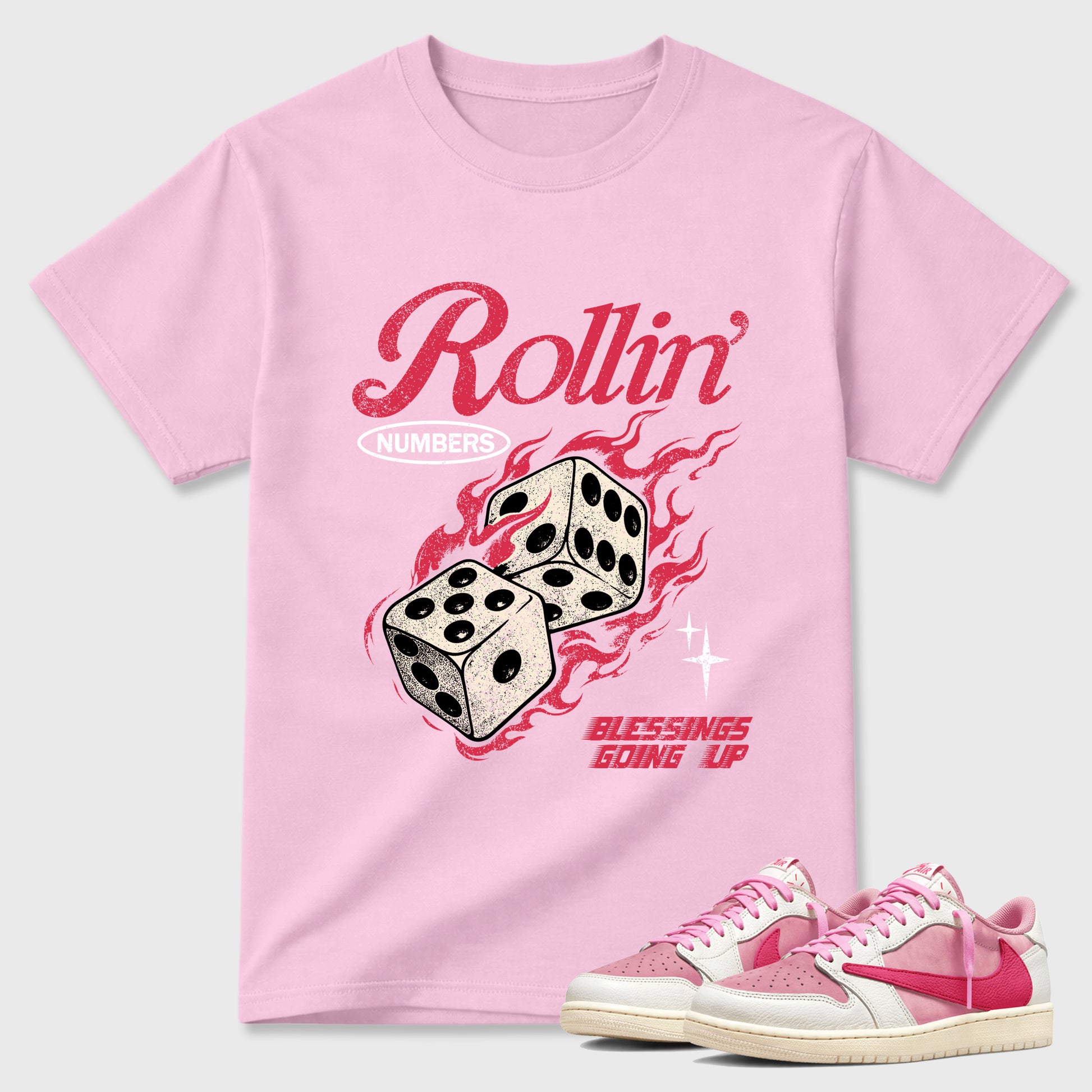 Perfect Sneakerhead Fashion Outfits – Sneaker Tees To Match Air Jordan 1 Low OG x Travis Scott Tropical Pink Shoes – Rollin numbers Graphic Tee Pink 1