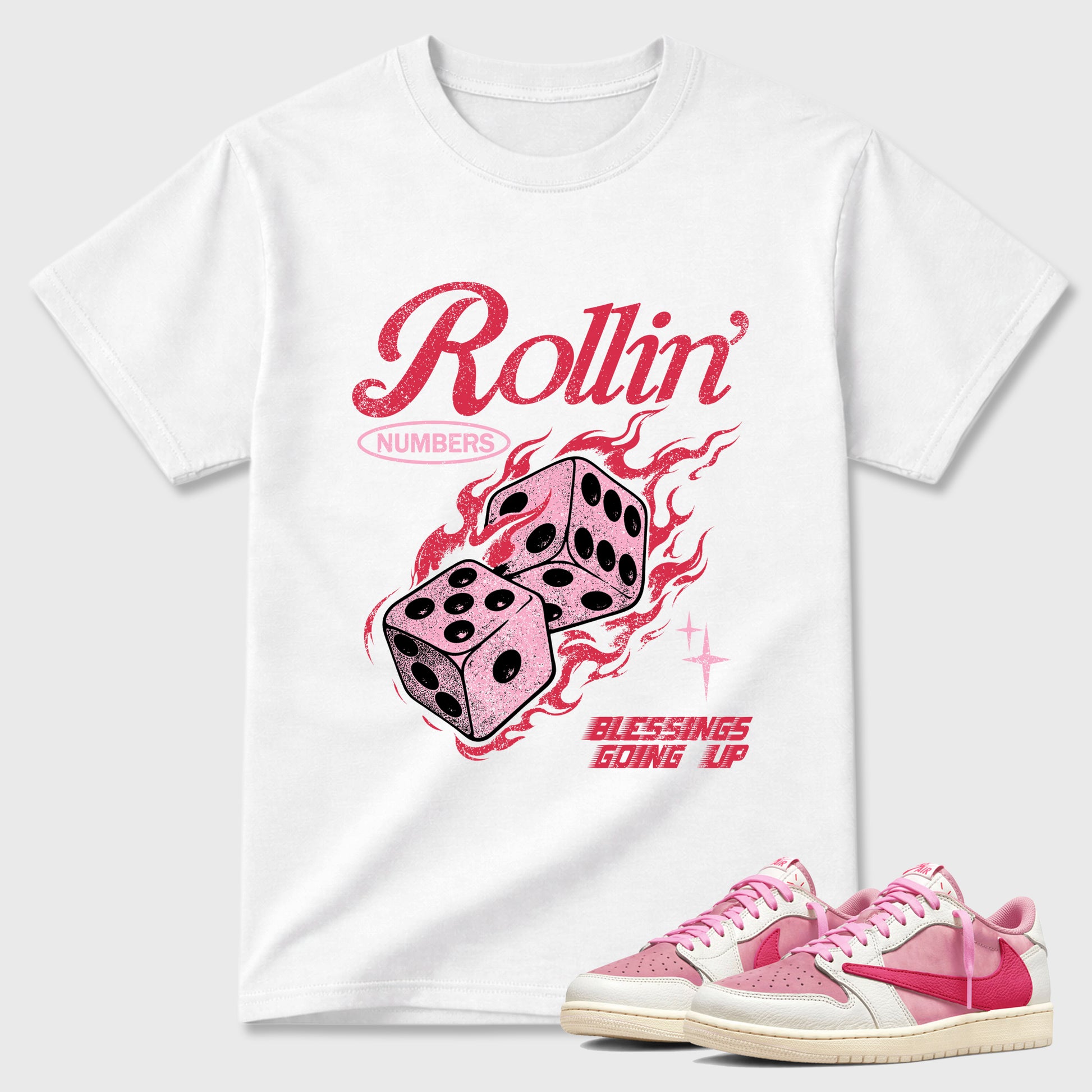 Perfect Sneakerhead Fashion Outfits – Sneaker Tees To Match Air Jordan 1 Low OG x Travis Scott Tropical Pink Shoes – Rollin numbers Graphic Tee White 1