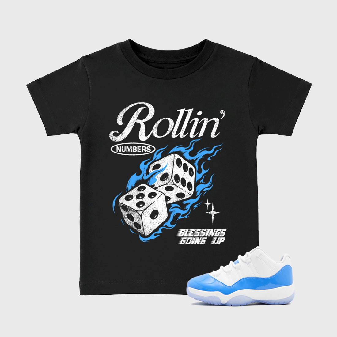 Sneaker match tees – Sneaker Tees To Match Air Jordan 11 University Blue Shoes – Rollin Numbers Kids T-Shirt Black 1