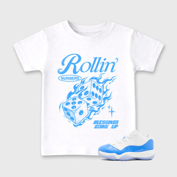 Sneaker match tees – Sneaker Tees To Match Air Jordan 11 University Blue Shoes – Rollin Numbers Kids T-Shirt White 1