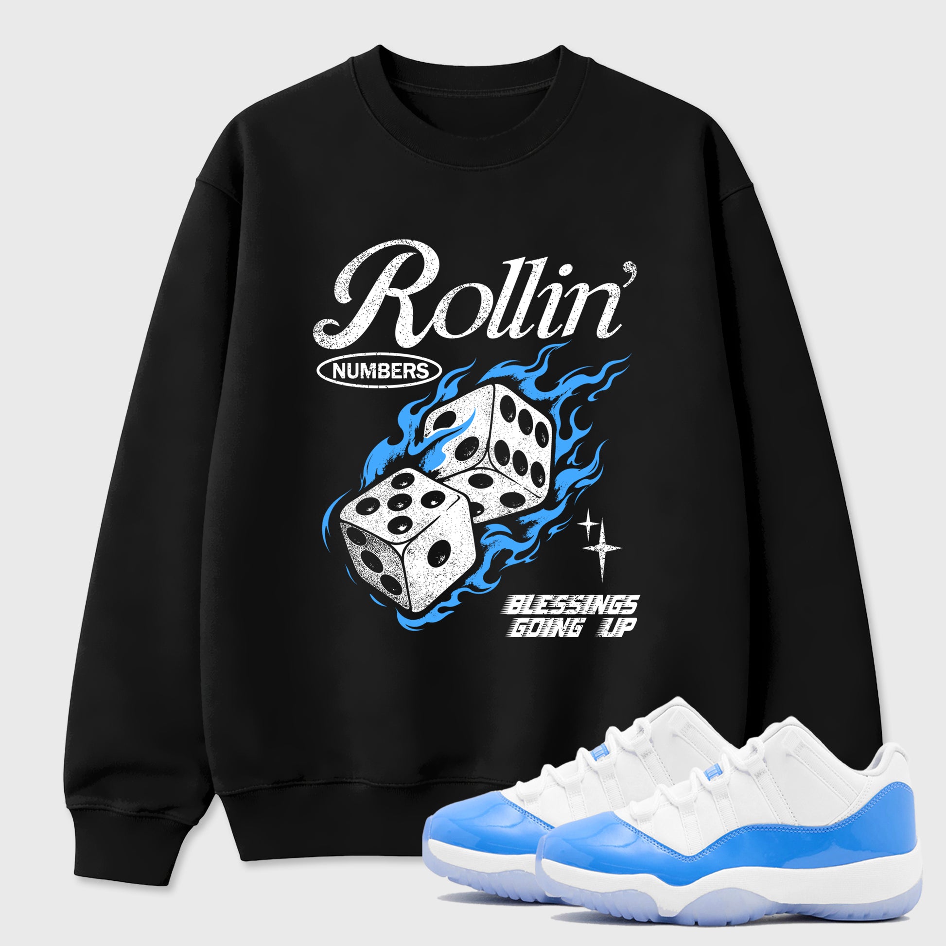 Sneaker match tees – Sneaker Tees To Match Air Jordan 11 University Blue Shoes – Rollin Numbers Tee Black 1