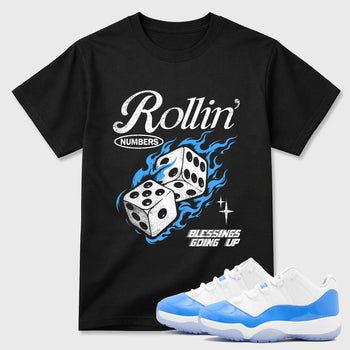 Sneaker match tees – Sneaker Tees To Match Air Jordan 11 University Blue Shoes – Rollin Numbers Tee Black 1