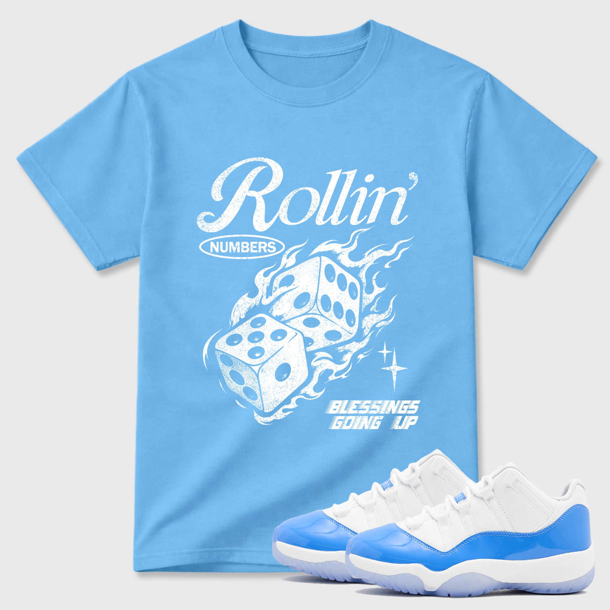 Sneaker match tees – Sneaker Tees To Match Air Jordan 11 University Blue Shoes – Rollin Numbers Tee Carolina Blue 1