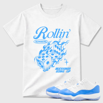 Sneaker match tees – Sneaker Tees To Match Air Jordan 11 University Blue Shoes – Rollin Numbers Tee White 1