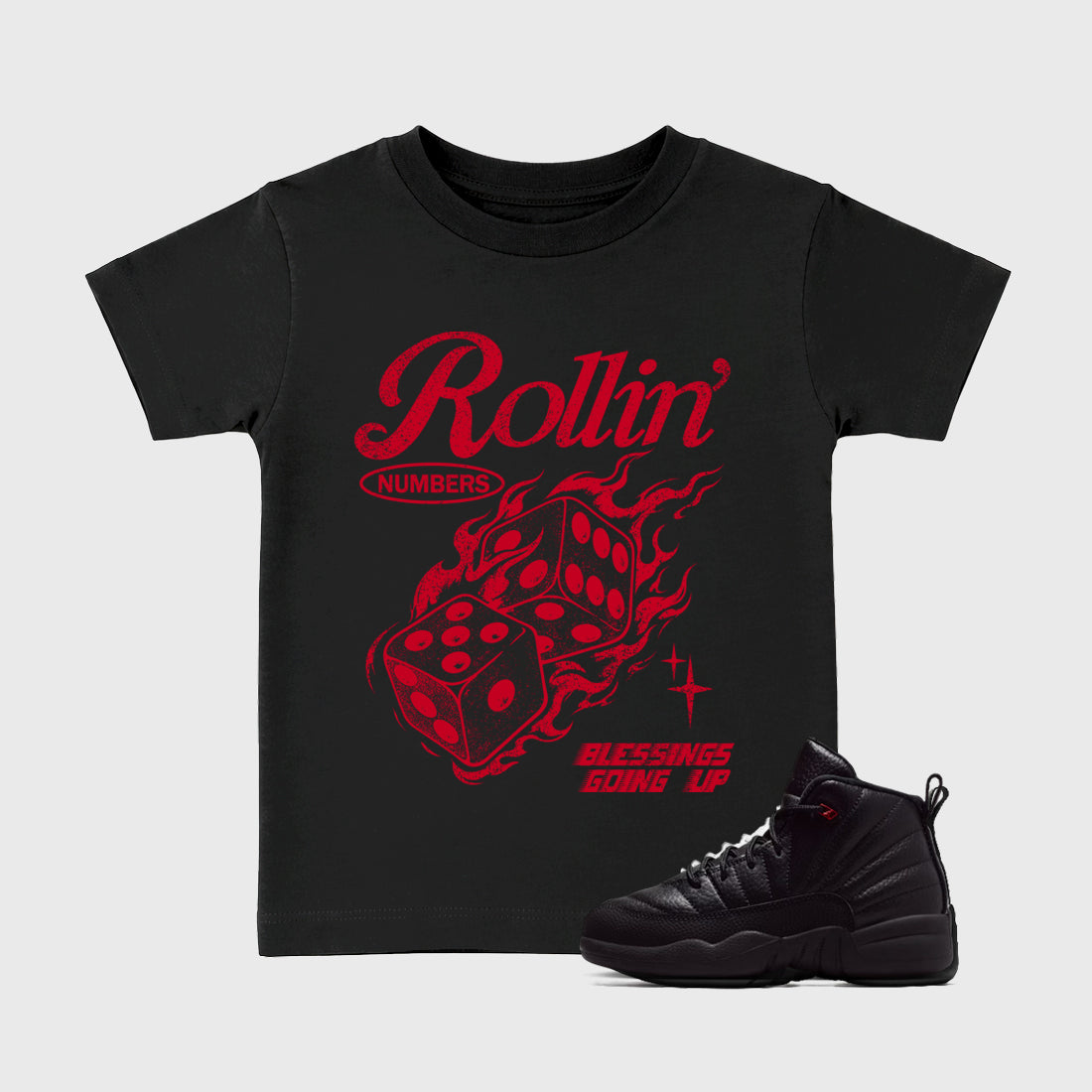 Sneakerfit Streetwear outfit, Sneaker Tees To Match Air Jordan 12 Bloodline – Rollin Numbers Graphic Kids Tee Black 1