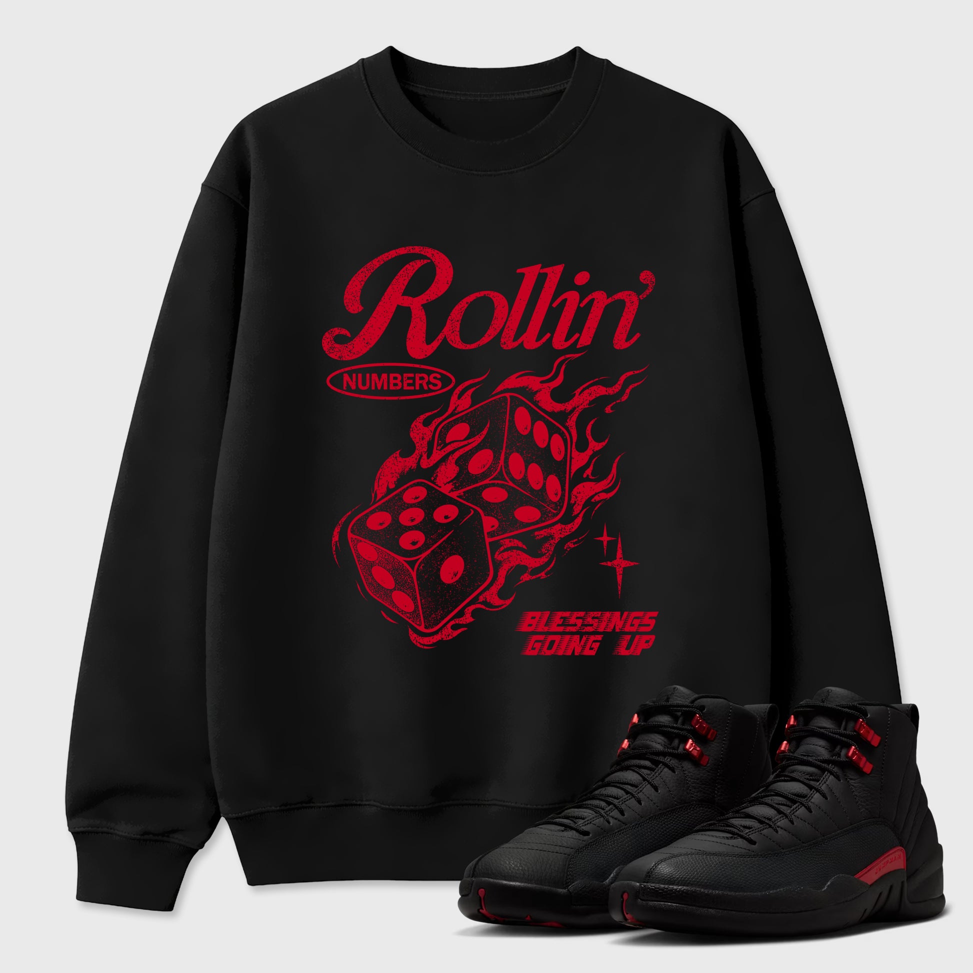 Sneakerfit Streetwear outfit, Sneaker Tees To Match Air Jordan 12 Bloodline – Rollin Numbers Graphic Tee Black 1