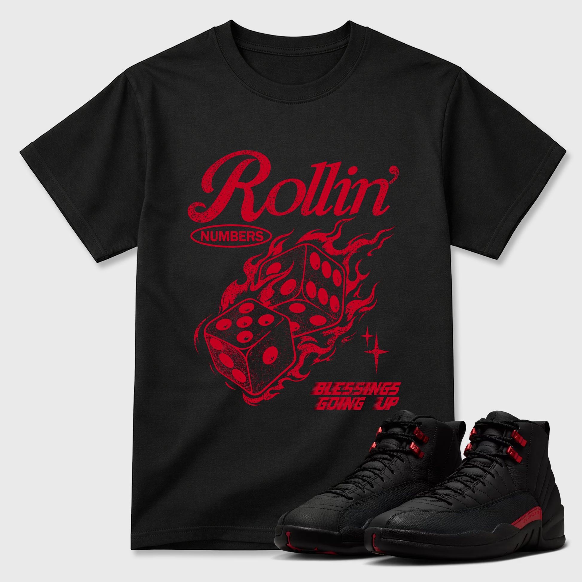 Sneakerfit Streetwear outfit, Sneaker Tees To Match Air Jordan 12 Bloodline – Rollin Numbers Graphic Tee Black 1