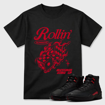 Sneakerfit Streetwear outfit, Sneaker Tees To Match Air Jordan 12 Bloodline – Rollin Numbers Graphic Tee Black 1