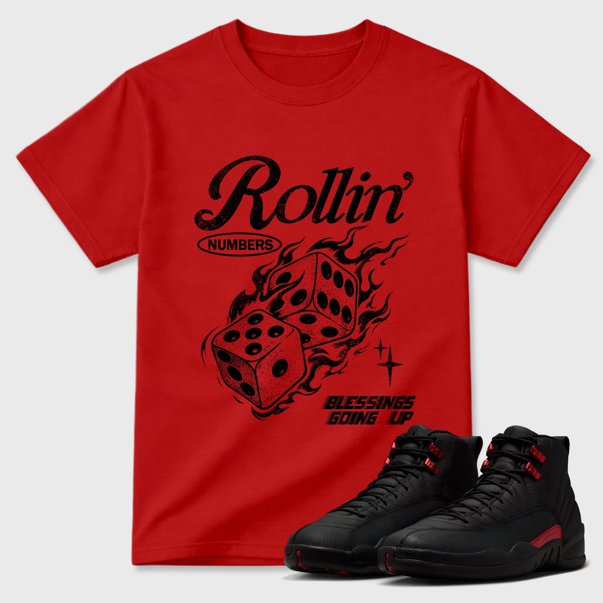 Sneakerfit Streetwear outfit, Sneaker Tees To Match Air Jordan 12 Bloodline – Rollin Numbers Graphic Tee Red 1