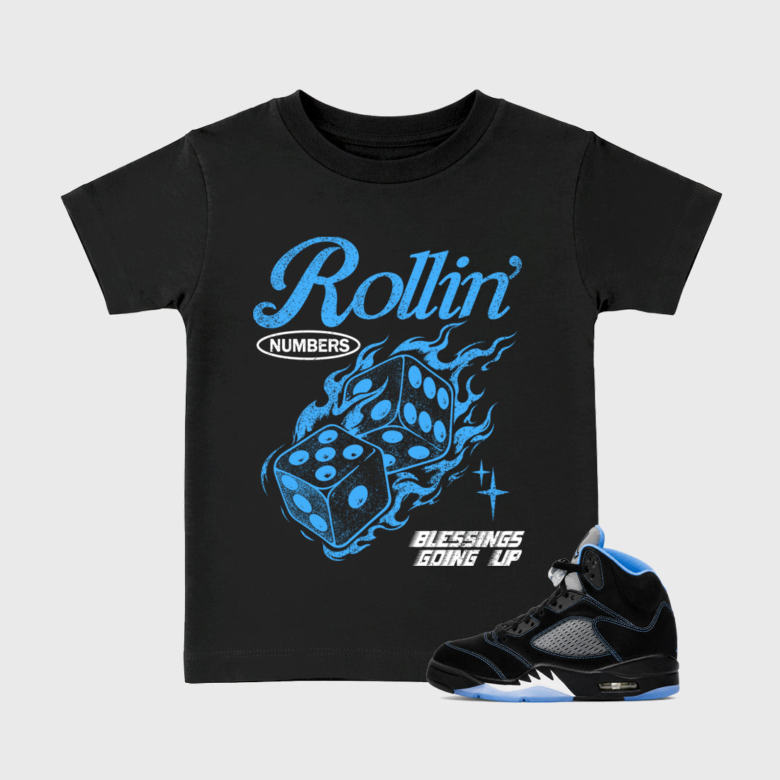 Rollin Numbers affordable baby and kids t-shirt designed to match the Air Jordan 5 Black Carolina, featuring coordinated Black 1 options for the perfect little sneakerhead streetwear look.