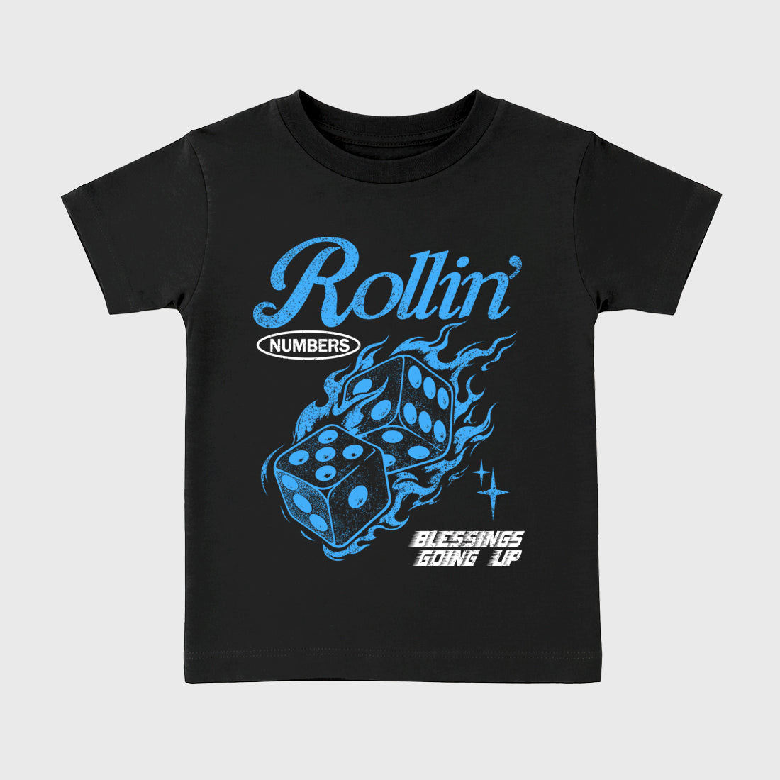 Rollin Numbers affordable baby and kids t-shirt designed to match the Air Jordan 5 Black Carolina, featuring coordinated Black 2 options for the perfect little sneakerhead streetwear look.