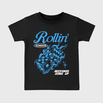 Rollin Numbers affordable baby and kids t-shirt designed to match the Air Jordan 5 Black Carolina, featuring coordinated Black 2 options for the perfect little sneakerhead streetwear look.