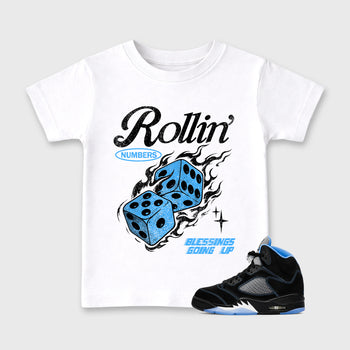 Rollin Numbers affordable baby and kids t-shirt designed to match the Air Jordan 5 Black Carolina, featuring coordinated White 1 options for the perfect little sneakerhead streetwear look.
