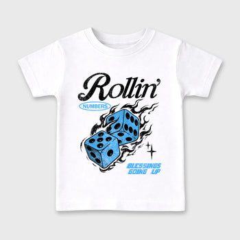 Rollin Numbers affordable baby and kids t-shirt designed to match the Air Jordan 5 Black Carolina, featuring coordinated White 2 options for the perfect little sneakerhead streetwear look.