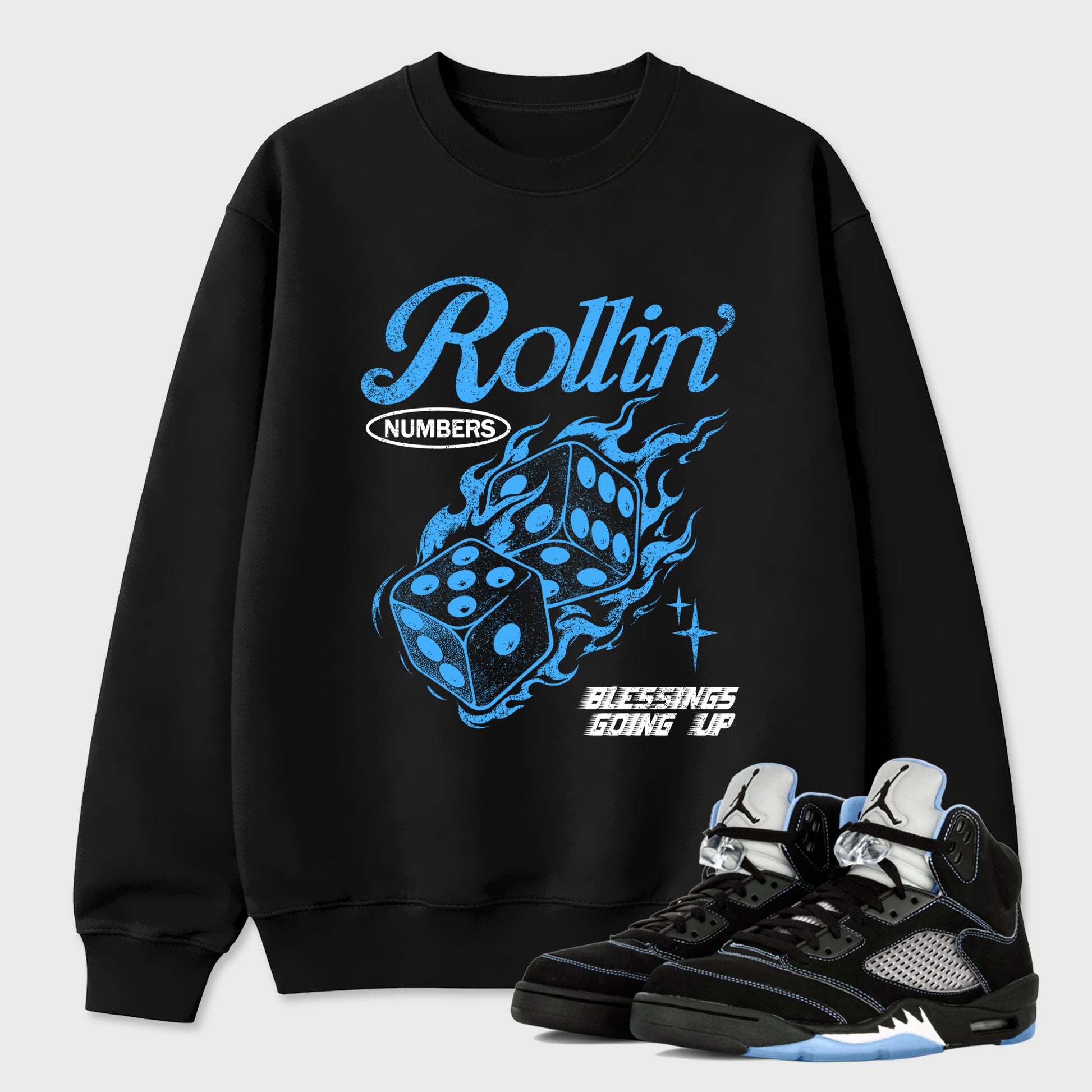 Rollin Numbers Graphic T-Shirt sneaker match tee designed for the Air Jordan 5 Black Carolina, featuring coordinated color options for a perfect streetwear match. Black 1 shirt.