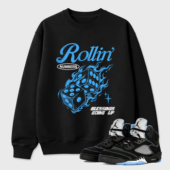 Rollin Numbers Graphic T-Shirt sneaker match tee designed for the Air Jordan 5 Black Carolina, featuring coordinated color options for a perfect streetwear match. Black 1 shirt.