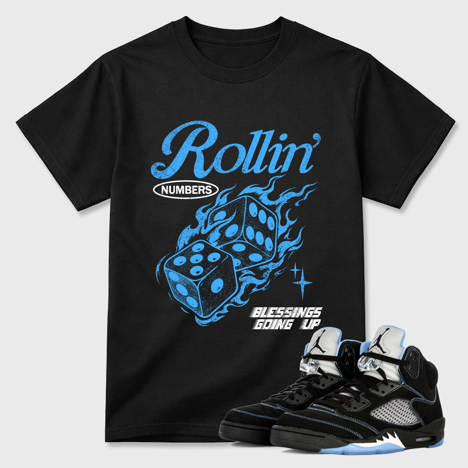 Rollin Numbers Graphic T-Shirt sneaker match tee designed for the Air Jordan 5 Black Carolina, featuring coordinated color options for a perfect streetwear match. Black 1 shirt.