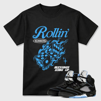 Rollin Numbers Graphic T-Shirt sneaker match tee designed for the Air Jordan 5 Black Carolina, featuring coordinated color options for a perfect streetwear match. Black 1 shirt.