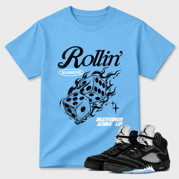 Rollin Numbers Graphic T-Shirt sneaker match tee designed for the Air Jordan 5 Black Carolina, featuring coordinated color options for a perfect streetwear match. Carolina Blue 1 shirt.