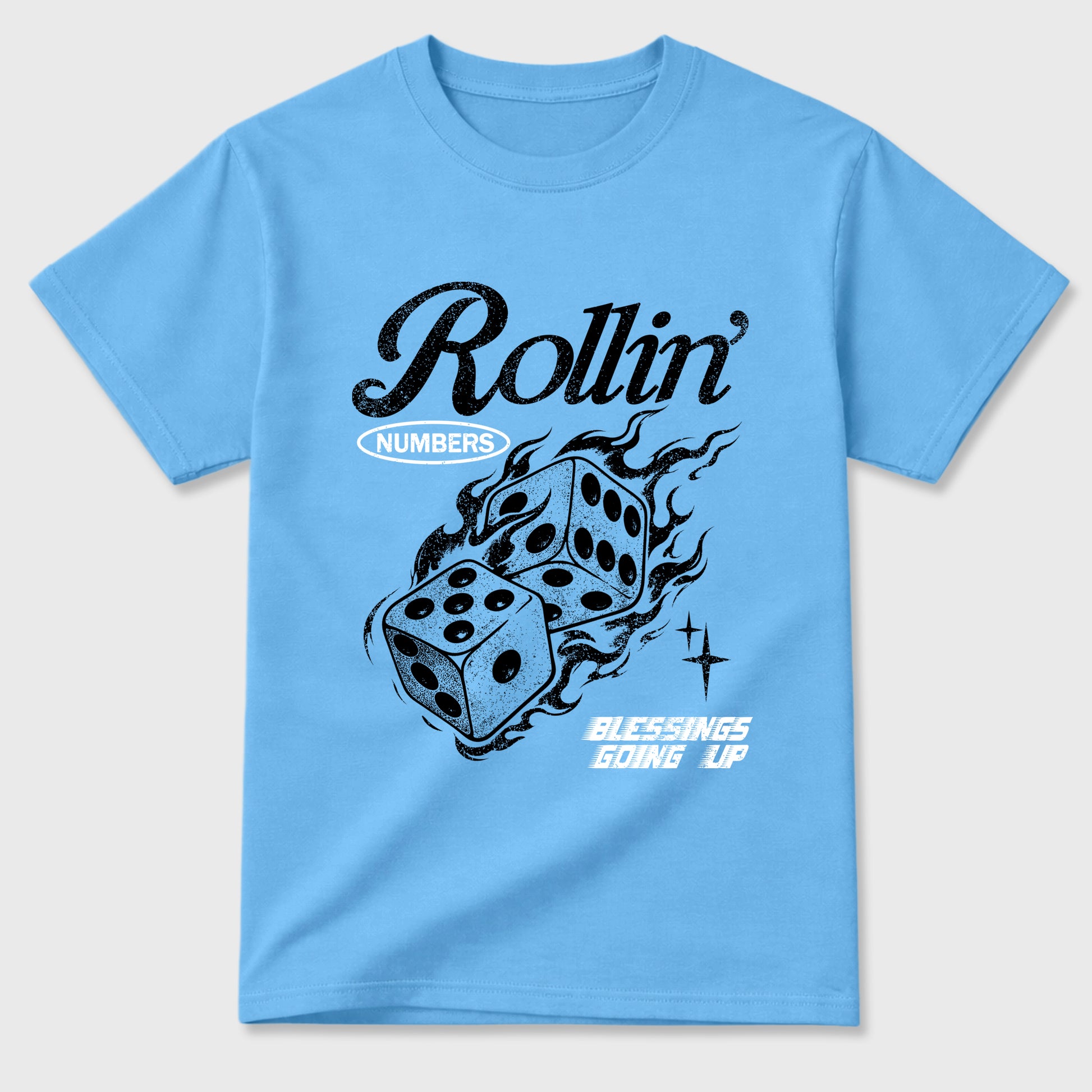 Rollin Numbers Graphic T-Shirt sneaker match tee designed for the Air Jordan 5 Black Carolina, featuring coordinated color options for a perfect streetwear match. Carolina Blue 2 shirt.