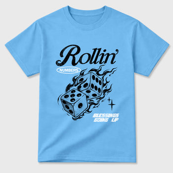 Rollin Numbers Graphic T-Shirt sneaker match tee designed for the Air Jordan 5 Black Carolina, featuring coordinated color options for a perfect streetwear match. Carolina Blue 2 shirt.