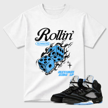 Rollin Numbers Graphic T-Shirt sneaker match tee designed for the Air Jordan 5 Black Carolina, featuring coordinated color options for a perfect streetwear match. White 1 shirt.