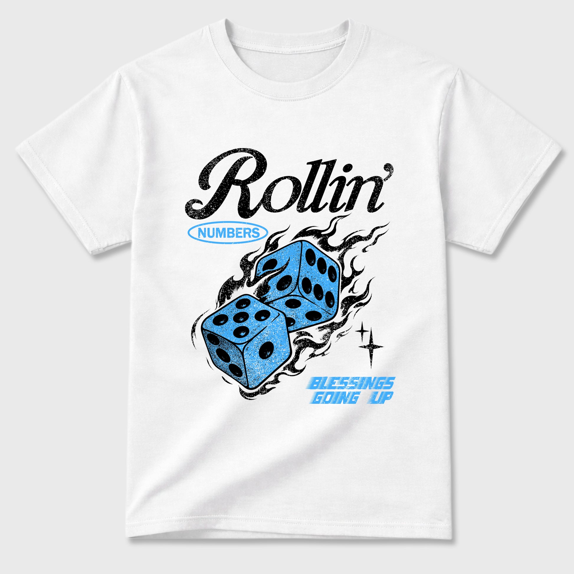 Rollin Numbers Graphic T-Shirt sneaker match tee designed for the Air Jordan 5 Black Carolina, featuring coordinated color options for a perfect streetwear match. White 2 shirt.