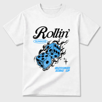 Rollin Numbers Graphic T-Shirt sneaker match tee designed for the Air Jordan 5 Black Carolina, featuring coordinated color options for a perfect streetwear match. White 2 shirt.