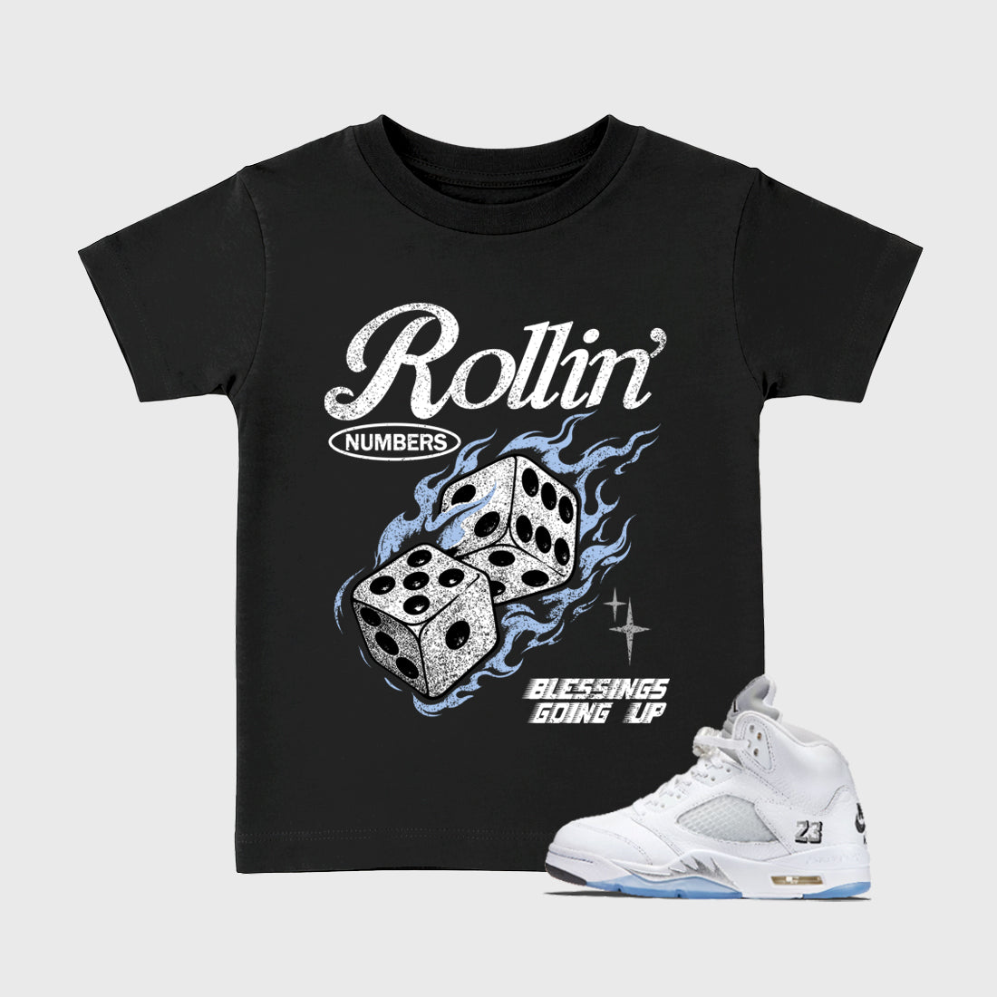 Sneaker match tees – Sneaker Tees To Match Air Jordan 5 White Metallic Shoes – Rollin Numbers Kids T-Shirt Black 1